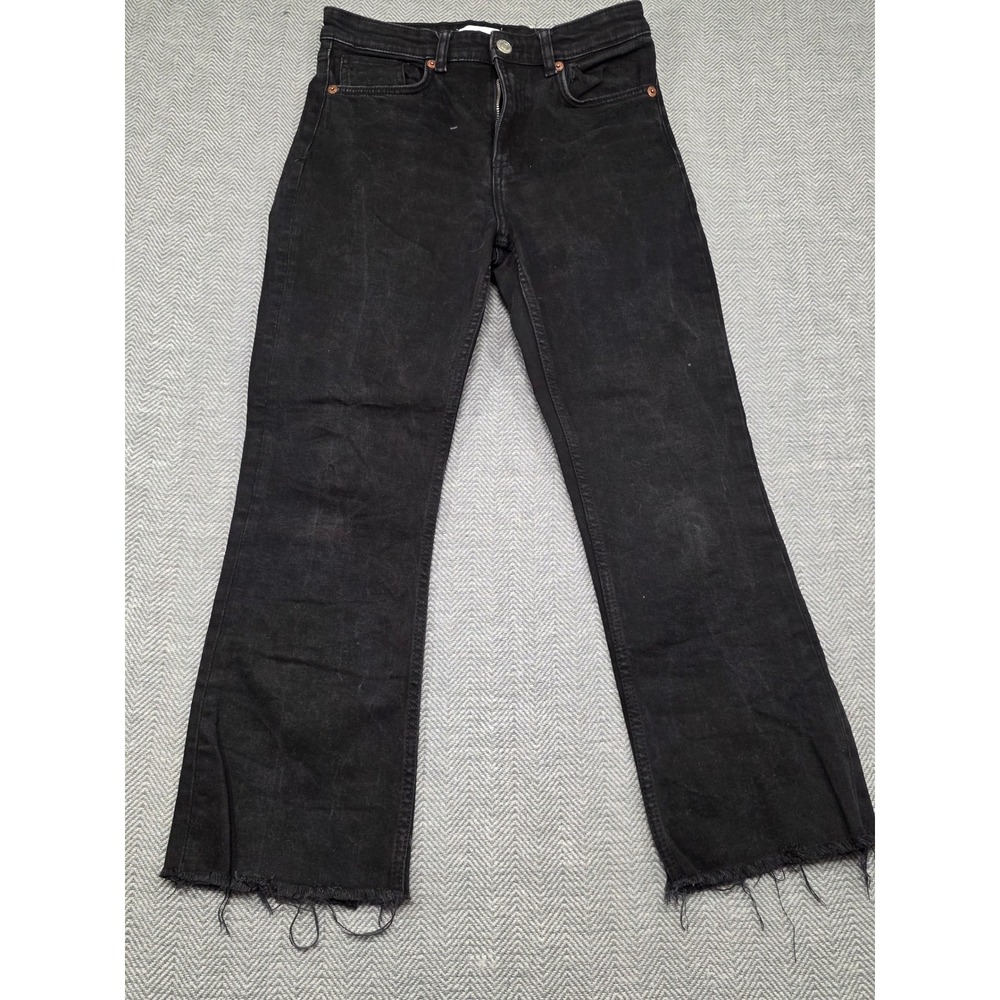 ZARA Black Denim‎ Cropped Flare Raw Hem Jeans Womens Size 8